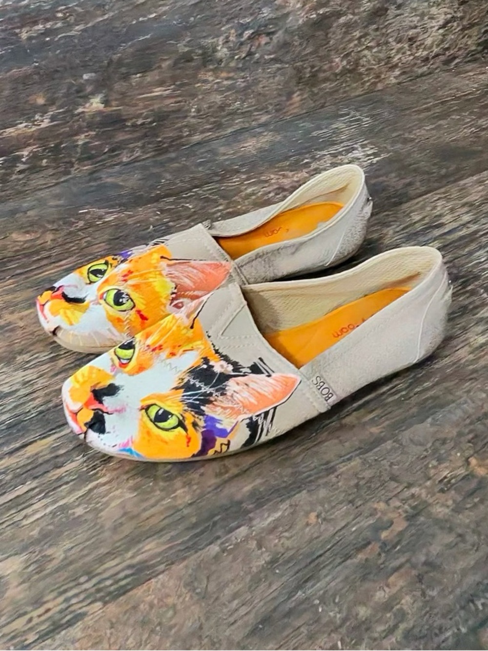 BOBS from Skechers Beige Slip-On Flats with Colorful Cat Face